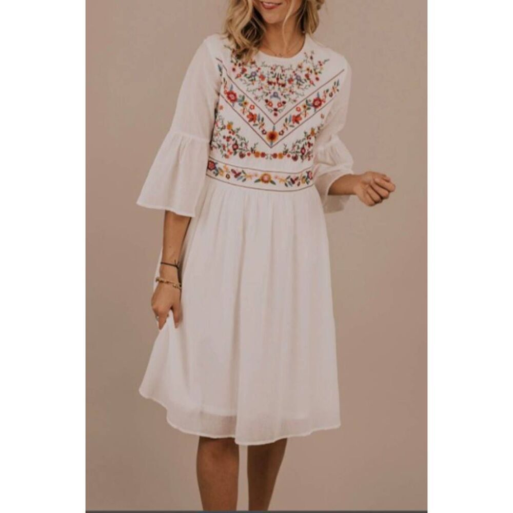 Roolee White Floral Embroidered Bell Sleeve Midi Dress Small Boho Modest Summer